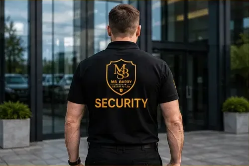 Uniformed security officer standing outside a commercial property